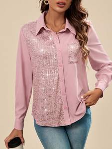Camicetta Sexy da donna a manica lunga <span class=keywords><strong>con</strong></span> decorazione <span class=keywords><strong>con</strong></span> <span class=keywords><strong>paillettes</strong></span> sulla parte anteriore camicette da donna a tinta unita <span class=keywords><strong>con</strong></span> bottone anteriore - Product Image 6