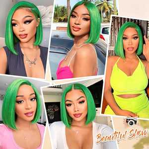 Perruque Bob Courte Verte Transparente en Cheveux Humains Vietnamiens Remy 100% Naturels, Sans Colle, Couleurs Personnalisables, Luxueuse, Vente en Gros - Product Image 6