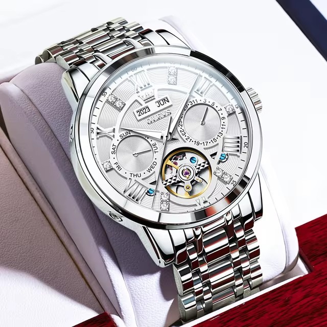 Olevs 6701 Watch Men Dual Calendar Wrist Clock Waterproof Luxury Skeleton Tourbillon Automatic Luminous Stainless Steel Watches