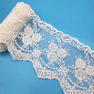 8cm width Mesh Embroidery Flower Lace Trimming Embroidery lace designs trim with stripe