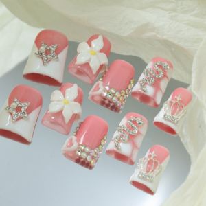 Wholesale handmade acrylic nail art, duckbill-shaped full-coverage <b>false</b> nails, pink, 3D <b>flowers</b>,rhinestone design, customizable - Product Image 3