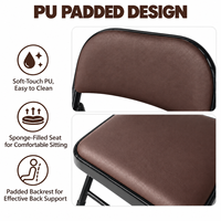 Chaise pliante rembourrée en PU marron, style classique Bridge Club, avec structure en acier au carbone noir thermolaqué, idéale pour salle à manger, réunions, café et usage domestique.