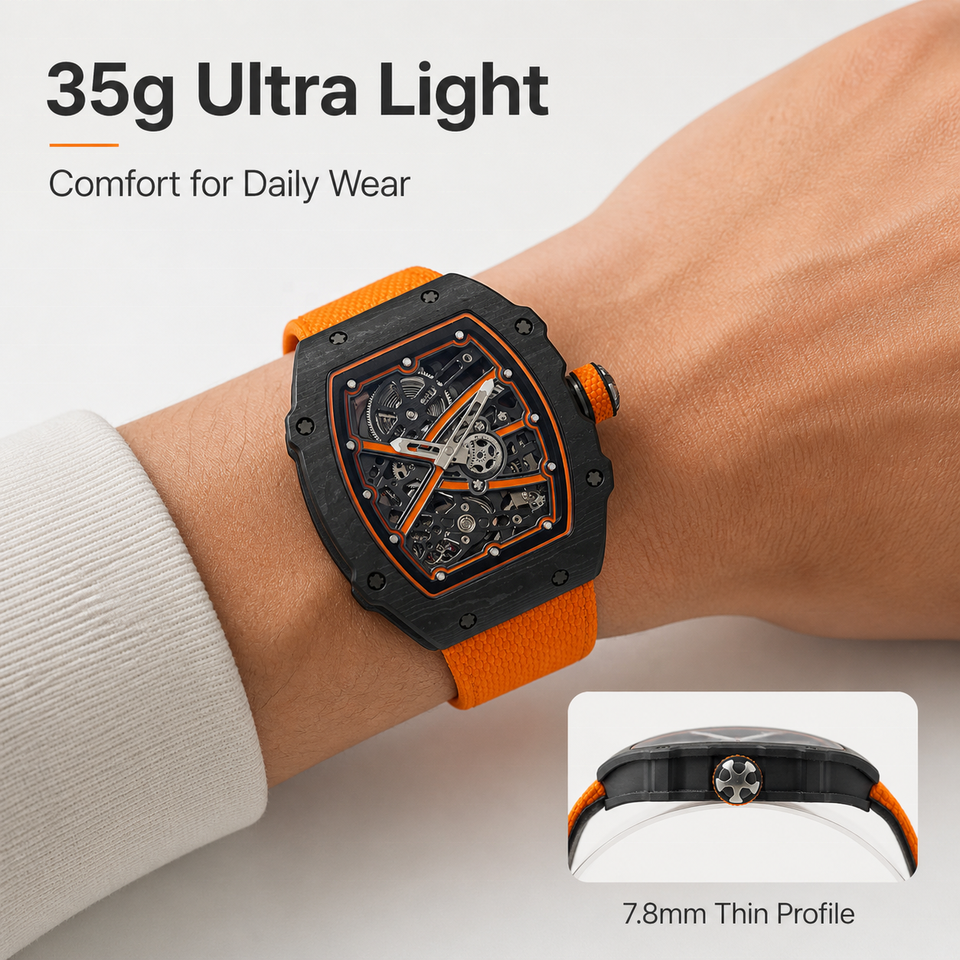 6702 Watch 6702 Ultra Light 35g Carbon Fiber Automatic Skeleton Watch 3ATM Orange ...