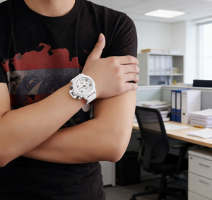 Montre de sport <span class=keywords><strong>MEGIR</strong></span> <span class=keywords><strong>2002</strong></span> G noire et blanche, grand boîtier, bracelet en cuir, acier inoxydable, silicone, pour le sport, la course et le business - Product Image 4