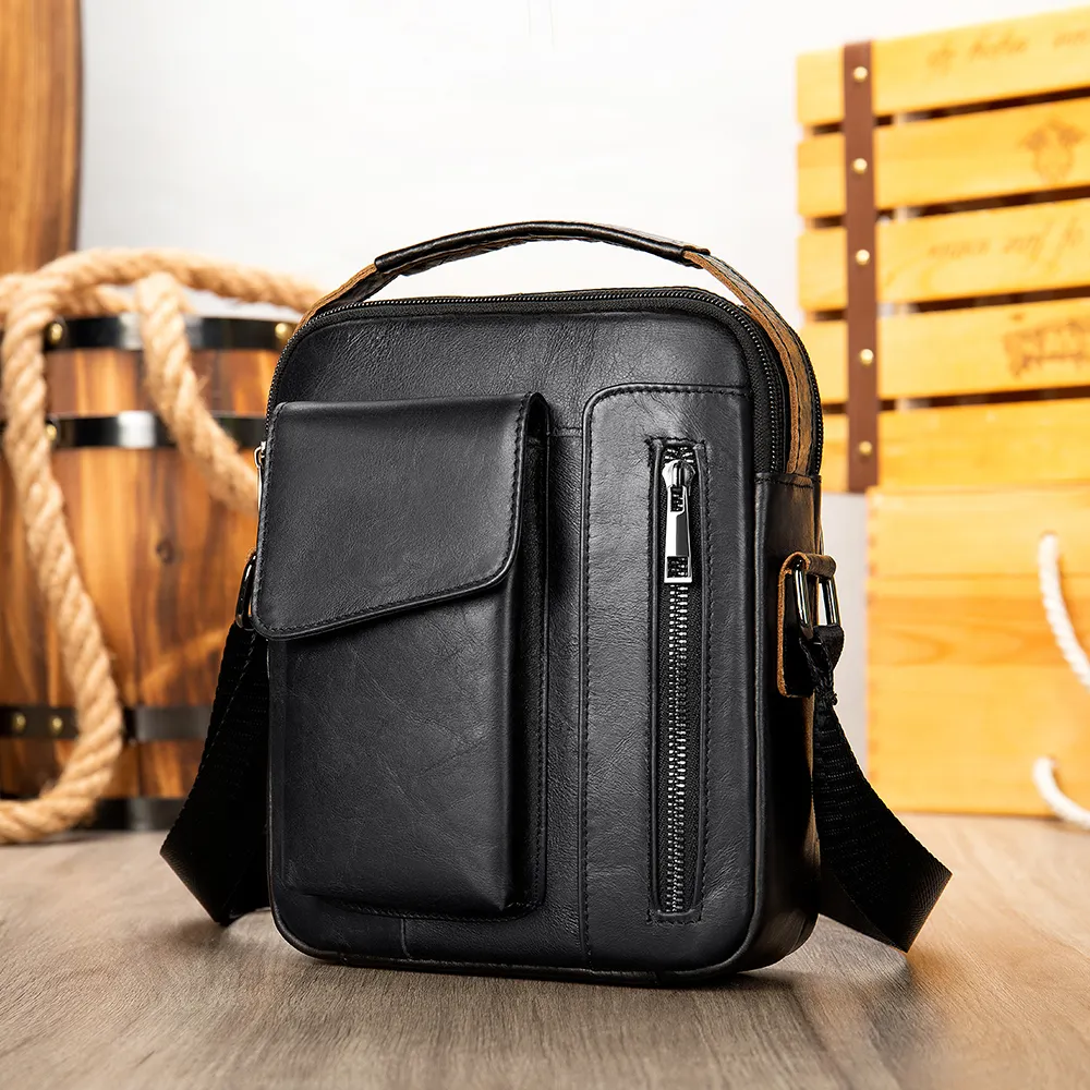 Bolso de hombro de piel auténtica para hombre, bandolera de diseñador de alta calidad, con asa de transporte