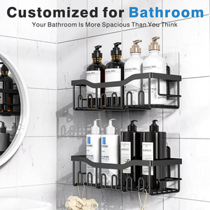 No Drill Wall Mounted Metal Bathroom Shelf Set Adhesive <b>Shower</b> Caddy with Hooks <b>for</b> <b>Shampoo</b> Soap & Toiletries - Product Image 2