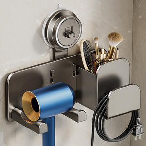 Soporte de pared para secador de pelo con ventosa para baño, gris plomizo, sin perforaciones, estante de almacenamiento rectangular con acabado pulido - Product Image 1