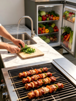 Cocina Exterior Moderna para Asados, Todo en Uno, de Acero Inoxidable 304, con Parrilla Profesional, Fregadero, Grifo y Refrigerador Integrado, a Gas Natural
