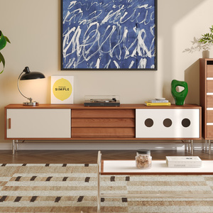 Mueble de TV de Madera Maciza de Estilo Vintage con Almacenamiento, Diseño Bauhaus para Sala de Estar, Soporte de Piso - Product Image 1