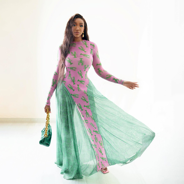 STOCK Two Colors Print Women Dress Long Sleeve Maxi Robe Casual Clothing S-XL
