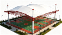 Structure de membrane tendue à grande portée personnalisée, structure en acier, terrain de basket-ball, auvent en tissu PVDF, toit d'ombrage pour sports de plein air