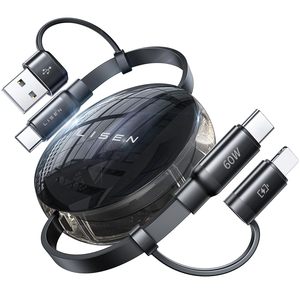 Câble rétractable LISEN 60W avec charge rapide PD, ports USB C et 8 broches pour iPhone 17 16 15 14, <span class=keywords><strong>Samsung</strong></span>, ordinateur portable, tablette, cordon de synchronisation de données - Product Image 1