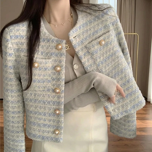 <b>Women's</b> Vintage Cropped Korean Tweed Striped Casual Spring Autumn Button <b>Jackets</b> 2024 - Product Image 3