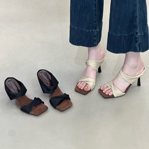 Sandalias de tacón alto de satén con una sola tira para mujer, estilo mule, punta cuadrada, tacón de aguja, para verano, fiesta, uso diario, calzado a juego con vestidos - Product Image 5
