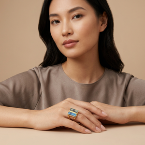 Gold Color <b>Brass</b> Double Stone <b>Ring</b> for Women Rectangular Gemstone Minimalist Party Jewelry with Prong Setting Blue Kynite - Product Image 3