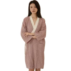 Women Short Spa Robe Waffle Weave Kimono Bathrobe XS-3X Printed Kimono