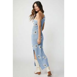 Nuovi abiti a spalline senza maniche a fiori bianchi con spacco Sexy <span class=keywords><strong>abito</strong></span> in <span class=keywords><strong>maglia</strong></span> <span class=keywords><strong>blu</strong></span> - Product Image 2