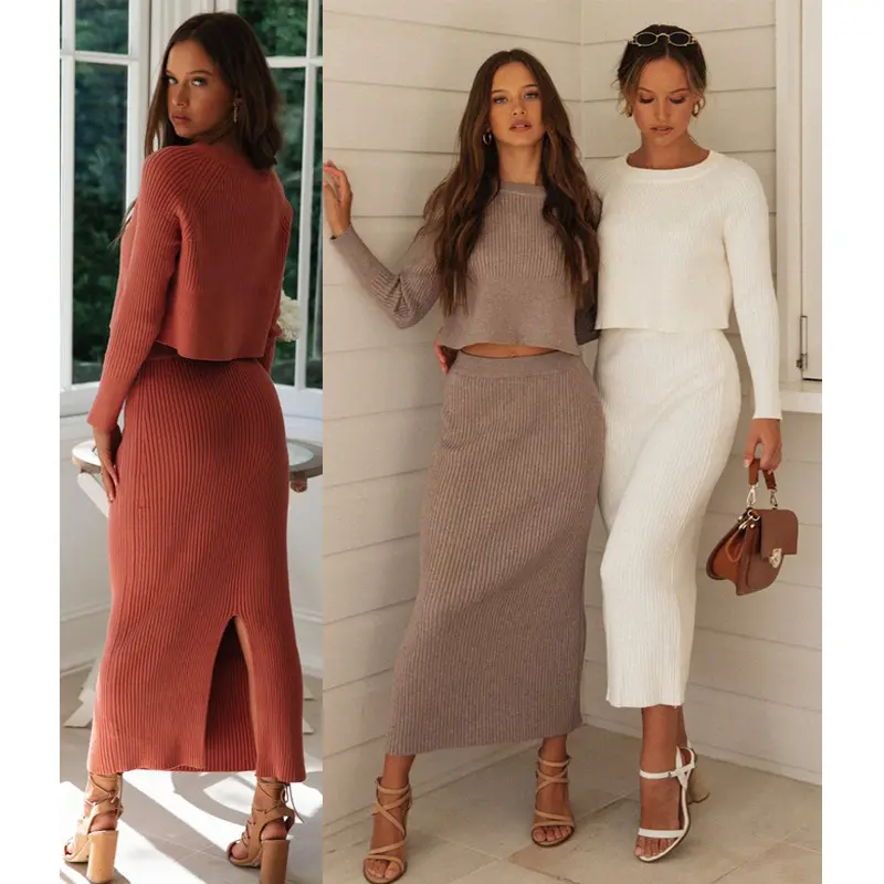 Sexy Knit Sweater Dress Fall 2022 Long Sleeve Sweater Crop Top And Skirt With Bodycon Set Clothing Women Rib Knitted Skirt Set