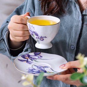 <b>Bone</b> <b>China</b> Iris Cup and Saucer <b>Set</b> Gold Rim - French Country Style Afternoon <b>Tea</b> Coffee Cup - Product Image 4