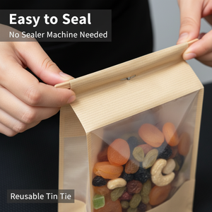 Window-front kraft paper bags with a flat bottom and a resealable closure, suitable for <b>packaging</b> coffee, bread and dried fruit - Product Image 3