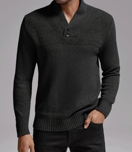 Mode tricoté 100% cachemire hommes pull pull côtelé pull à col roulé avec demi-bouton - Product Image 3