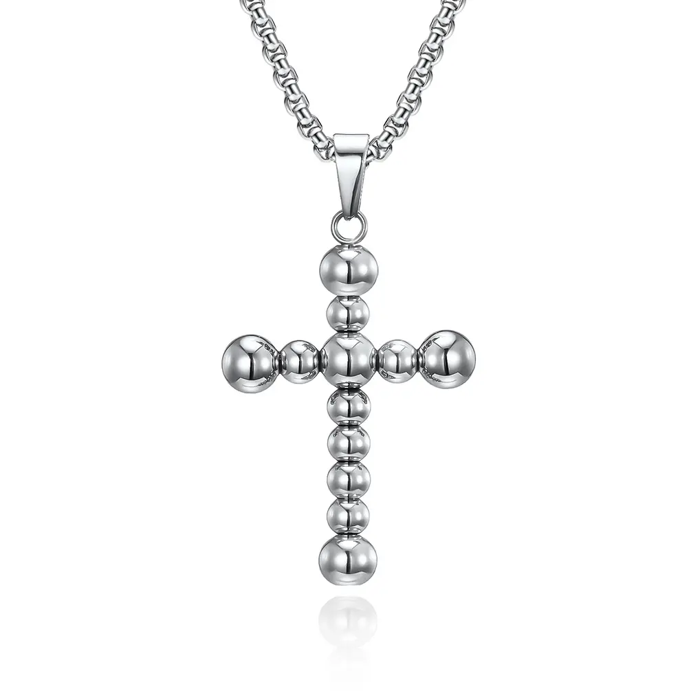 Punk christian cross jewlery stainless steel beads cross pendant necklace