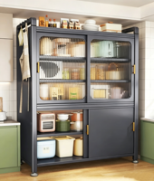 Meuble de rangement de cuisine moderne en acier sur mesure avec portes vitrées sur roulettes, buffet autoportant multi-niveaux