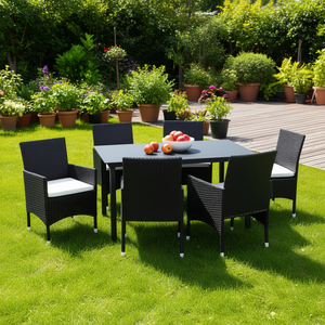 Set da Pranzo in Polyrattan Nero a 7 Pezzi, Arredamento da Giardino Resistente alle Intemperie, Design Contemporaneo - Product Image 2