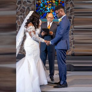 Personalizado <span class=keywords><strong>Aso</strong></span> Ebi sirena encaje vestidos de novia cuello alto ilusión manga larga apliques cuentas más tamaño vestido de novia - Product Image 1