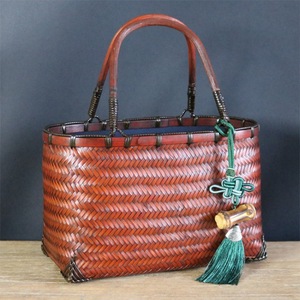 Bamboo Woven Handbag Vintage Women's <b>Tote</b> Basket Solid Color <b>Canvas</b> Lining Bamboo Craft Gift Bag - Product Image 1