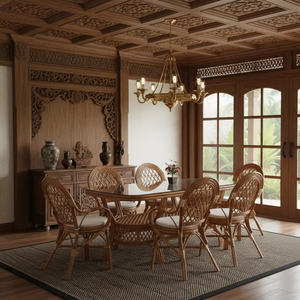 Juego de Comedor de Ratán/Mimbre Asiático Antiguo Inspirado en Java con Mesa Larga para Uso en Hoteles, Villas y Hogares - Product Image 1