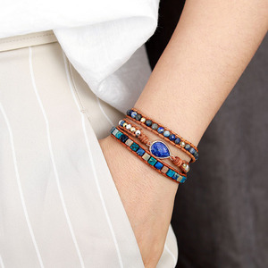 Bracelet en cuir multicouche Lapis Lazuli, forme goutte d'eau, serti de pierres, bijou cadeau - Product Image 4