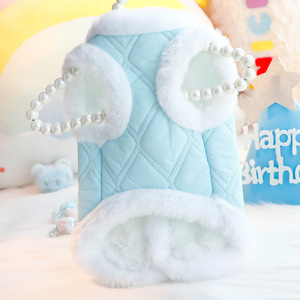 Thick Princess Cotton Vest With Fur <b>Collar</b> Lake Blue Embroidered For <b>Small</b> <b>Dogs</b> Autumn Winter Pet Clothes - Product Image 4