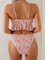 Ensemble bikini femme à motif floral micro-imprimé, ourlet à volants, col en V, bordure à pompons, bretelles spaghetti, deux pièces, coupe haute, vente en gros, personnalisable