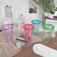 Gobelet à paille transparent en PS double paroi, avec couvercle en forme de crème glacée, design mignon, réutilisable et portable, pour fêtes et eau fraîche d'été