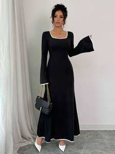 Abiti Casual da donna alla moda elegante da sera con colletto quadrato lavorato a <span class=keywords><strong>maglia</strong></span> manica lunga svasata produttore di abiti all'ingrosso - Product Image 3