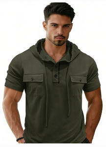 <span class=keywords><strong>Polo</strong></span> <span class=keywords><strong>con</strong></span> <span class=keywords><strong>Capucha</strong></span> para Hombre, Corte Ajustado, Manga Corta, Estilo Henley <span class=keywords><strong>con</strong></span> Bolsillo, Ropa Casual de Calle - Product Image 3