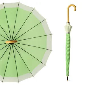 23 inç 16K otomatik açık ahşap saplı şemsiye ticari çok renkli Crook kolu otomatik açık düz şemsiye