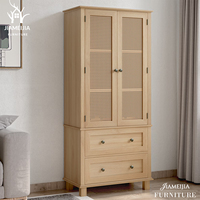 Armoire bohème en cannage avec tiroirs, placard à 2 portes en bois de chêne clair, meuble de rangement, vente en gros OEM