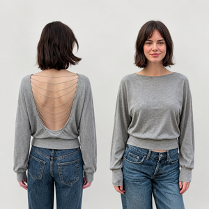 Womens Sexy Backless Metal <b>Chain</b> Detail Loose Solid Color Long Sleeve Breathable Summer Streetwear Casual T-Shirt <b>Top</b> - Product Image 1
