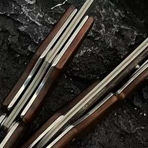 Couteau droit mécanique, lame en acier Damas, manche en aluminium/bois, personnalisable OEM, pour le camping en plein air, cadeau - Product Image 4