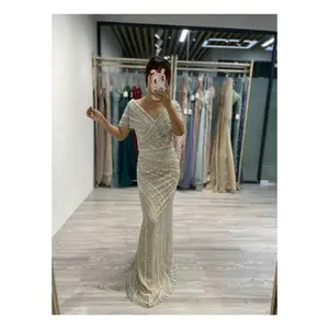Gaun pengantin putri duyung payet manik-manik mewah 2024 gaun malam kerah V lengan pendek ibu dari pengantin wanita Prom untuk wanita