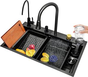 Harga Pabrik Warna Hitam 304 Stainless Steel Perlengkapan Dapur Waterfall Cup Washer Smart Kitchen Sink untuk Rumah - Product Image 1
