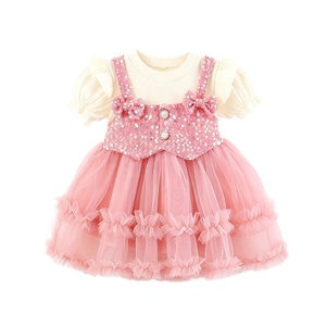 Vestido de Dos Piezas con Lazo de Lentejuelas y Tul Amarillo para Bebés Niñas, para Fiestas de Verano y Uso Diario - Product Image 5