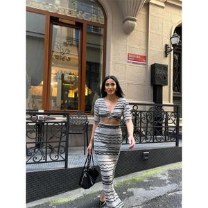 Conjunto de dos piezas de punto elegante para mujer, top corto y falda a juego, conjunto de traje transpirable a la moda, color beige - Product Image 5