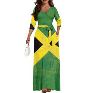 Stile semplice stile Jamaica Flag Jamaican stampa Maxi <span class=keywords><strong>abito</strong></span> da <span class=keywords><strong>donna</strong></span> con scollo a V Casual stile stile stile stile stile 3/4 - Product Image 4