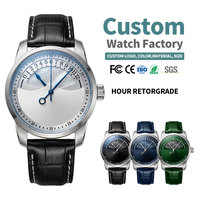 Relojes personalizados con logotipo, caja redonda de acero inoxidable de 42 mm, correa de cuero, hora retrograda, elegante reloj de lujo para hombre.