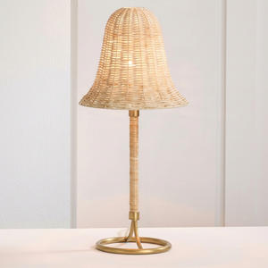 Coastal Wicker Flared Bell Table Lamp with Brass Ring Base gracefully flared bell shade woven from natural rattan cozy reading - Product Image 1