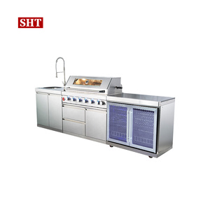 Îlot <span class=keywords><strong>de</strong></span> cuisine modulaire d'extérieur avec barbecue, évier à gaz intégré et armoires <span class=keywords><strong>de</strong></span> rangement, pour cuisines <span class=keywords><strong>de</strong></span> jardin au design naturel - Product Image 1
