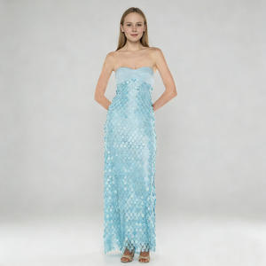 فستان سهرة أنيق مخصص باللون الأزرق السماوي بدون حمالات وطويل حتى الأرض، فستان رسمي للنساء لحفلات الكوكتيل والمناسبات مع ترتر - Product Image 6